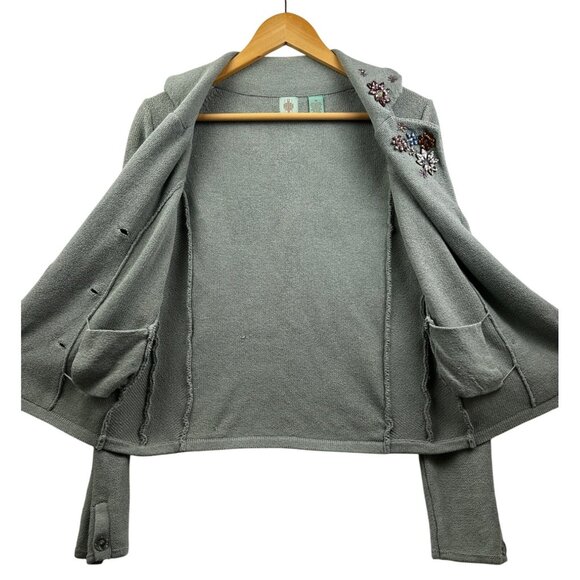 Anthropologie Hi-Line Embellished Knit Cardigan Jacket Medium Sage Green Beaded - Picture 8 of 10